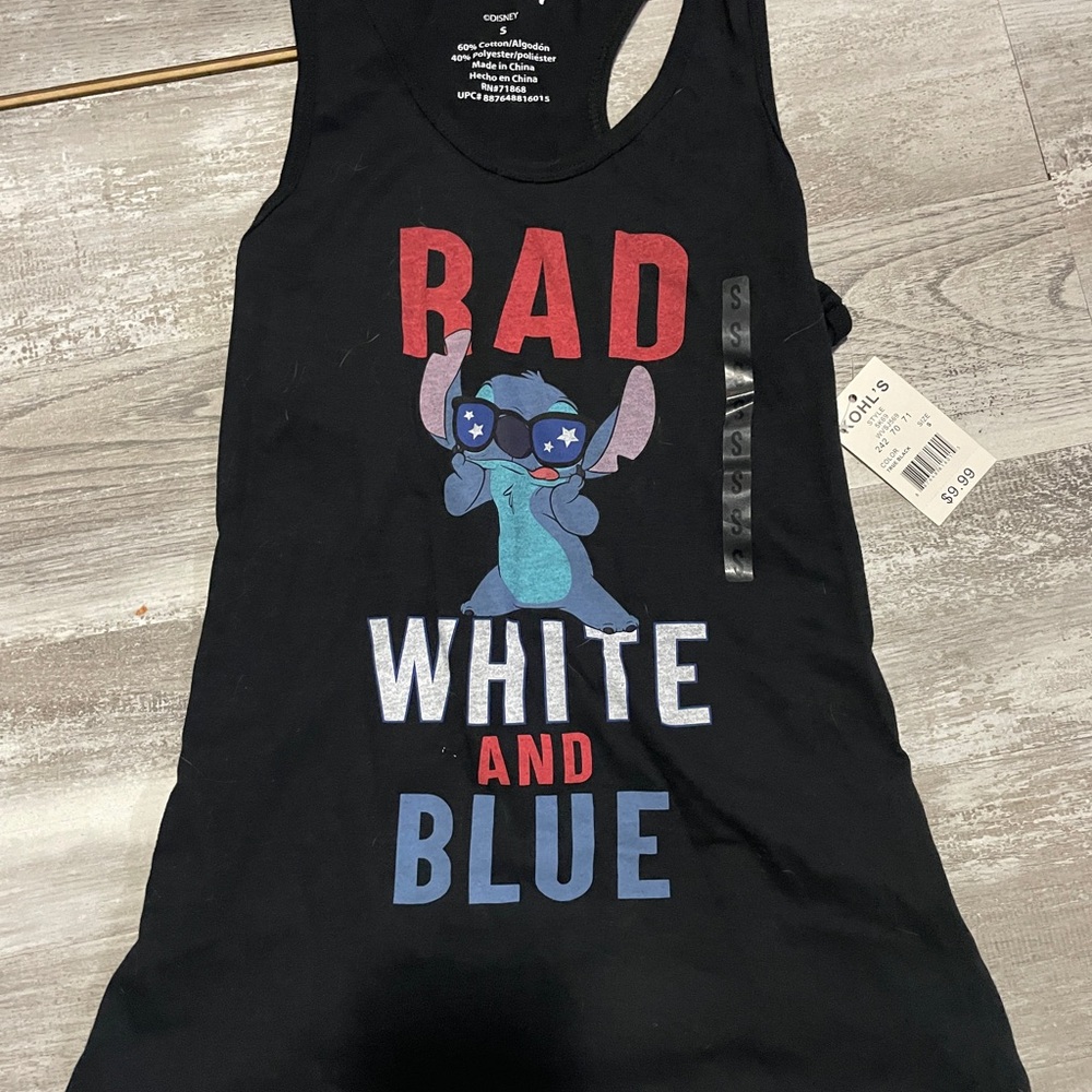 Disney Womans Tank Top - Black with Red, White, and Blue Stitch Design